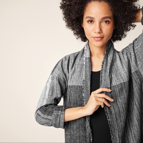 Eileen Fisher Hazy Blocks Shawl Collar Long Jacket - Picture 5 of 15